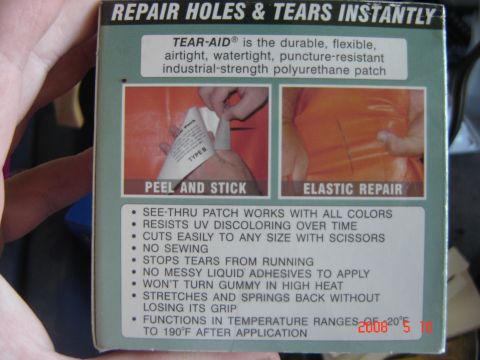1993 Ford Bronco - TEAR-AID patch box details its peel and stick, elastic repair features for holes and tears.