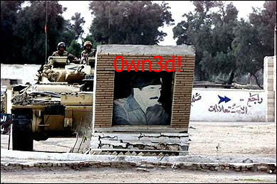1972 Pontiac Grand Prix - A military scene a tank and soldiers, with a mural of Saddam Hussein defaced by graffiti.