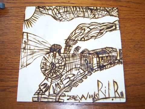 1995 Ford C-350 (Centurion Conversions) - Wood burning art depicts a steam train with smoke billowing into the sky.