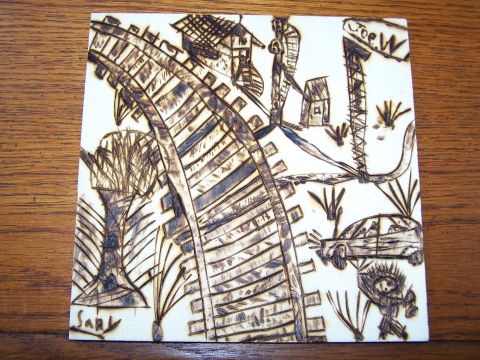 1995 Ford C-350 (Centurion Conversions) - This pyrography artwork depicts a whimsical scene with a train track, buildings, a car, and people.