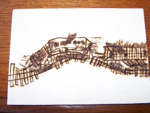 1995 Ford C-350 (Centurion Conversions) - This pyrography artwork shows a scene of destruction with a damaged building and fence.