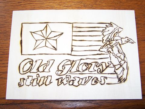 1995 Ford C-350 (Centurion Conversions) - Wood burning art depicts the American flag with the phrase 'Old Glory still waves'.