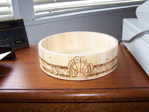1995 Ford C-350 (Centurion Conversions) - Hand-decorated wooden bowl with pyrographic art of a fountain and buildings.