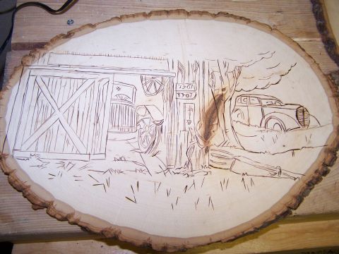 1995 Ford C-350 (Centurion Conversions) - Carving shows a barn scene with two vintage automobiles, one partially visible inside the barn.