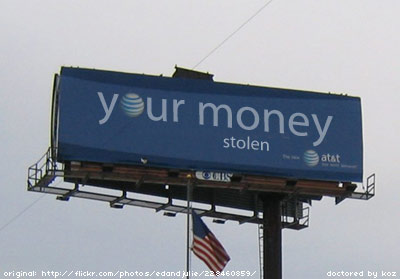 1980 Ford Bronco - An AT&T billboard displays the message 'your money stolen' against a blue background.