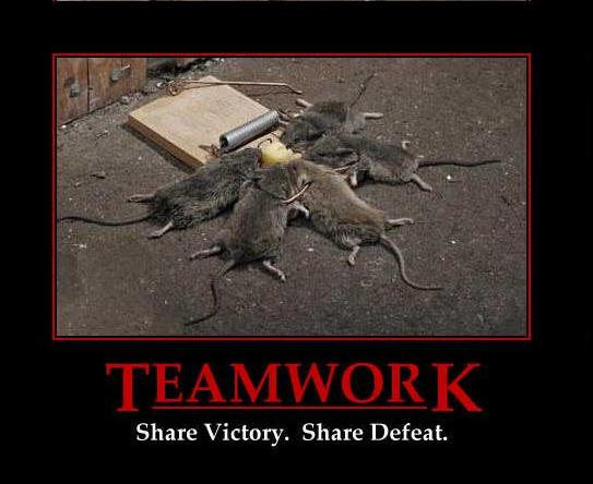 Demotivational poster of dead rats around a mousetrap, SuperMotors watermark