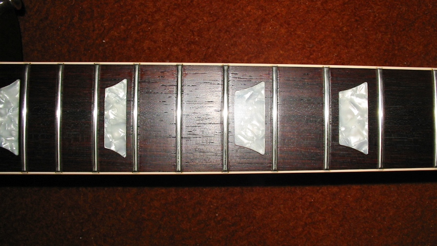 Close-up of a dark wood guitar fretboard with trapezoid inlays and frets