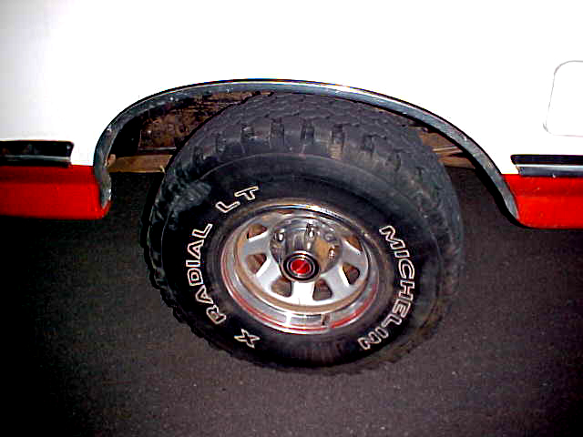Close-up of a wheel with Michelin Radial X LT tires and a red and white fender