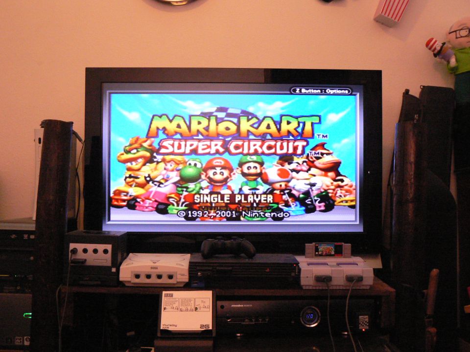 Playing Mario Kart Super Circuit from GBA on my 40" Samsung via GameCube.