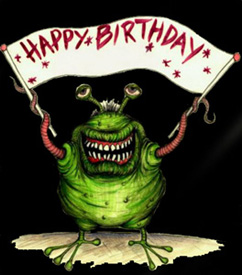 1968 Ford Mustang - Cartoon clip-art of a green monster holding a Happy Birthday banner, not a technical document.