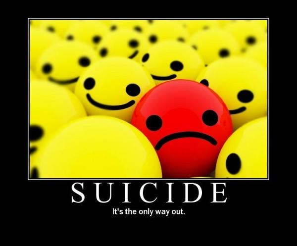 Demotivational meme: yellow smiley faces with one red frown, caption SUICIDE