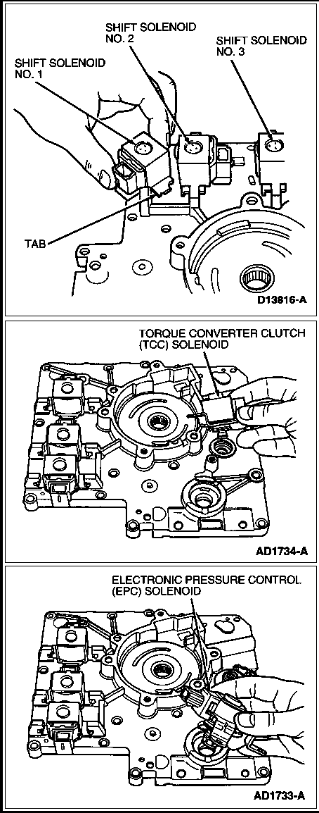 1997 Ford Taurus - Ford automatic transmission valve-body service illustrations locating Shift Solenoids No. 1/2/3, the Torque Converter Clutch (TCC) solenoid…