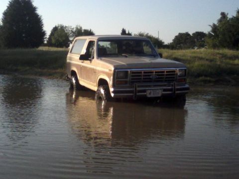 1986 Ford Bronco - A tan Ford Bronco sits partially submerged in a shallow body of water under a clear sky.