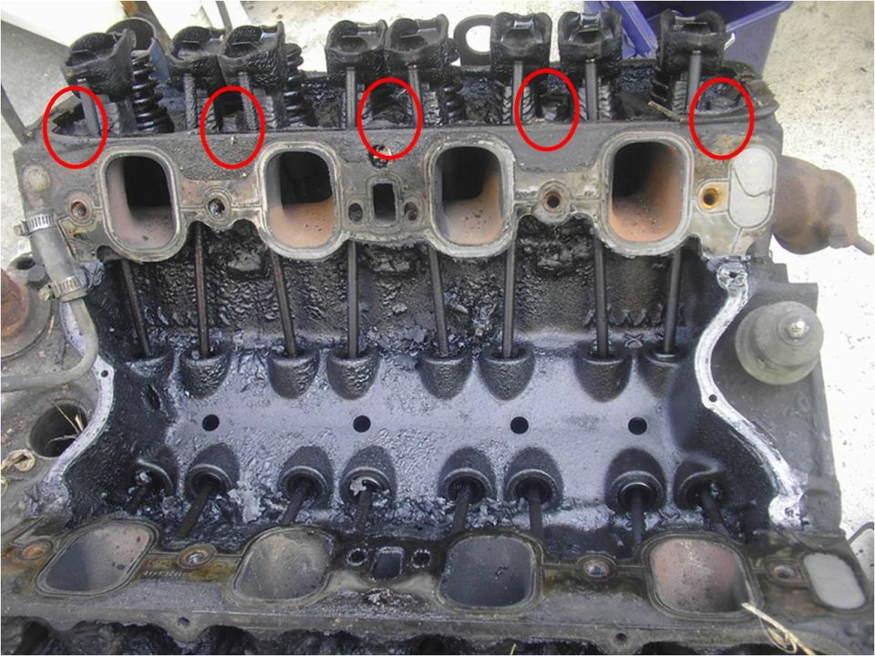 Sludge-covered engine head with intake ports and pushrods, areas circled red