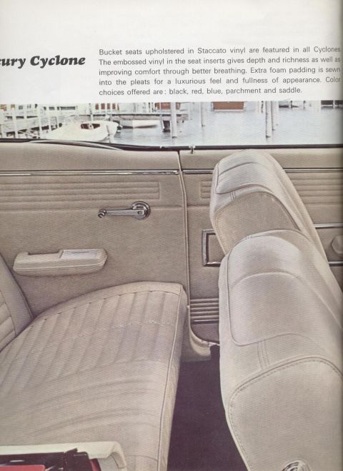 1967 Mercury Cyclone - The interior of a 1967 Mercury Cyclone features Staccato vinyl upholstery on the bucket seats and door panels.