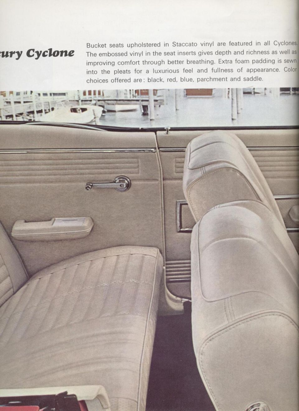 1967 Mercury Cyclone interior with light-colored bucket seats and door panel