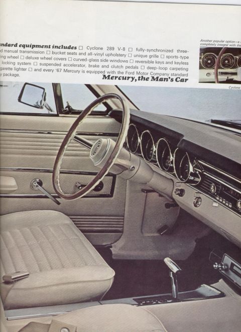 1967 Mercury Cyclone - Interior view of a 1967 Mercury Cyclone, highlighting the dashboard, steering wheel, and seating.