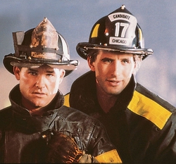 1991 Ford Crown Victoria - Two firefighters pose for a photo, one wearing a helmet with "CANDIDATE 17 CHICAGO" visible.