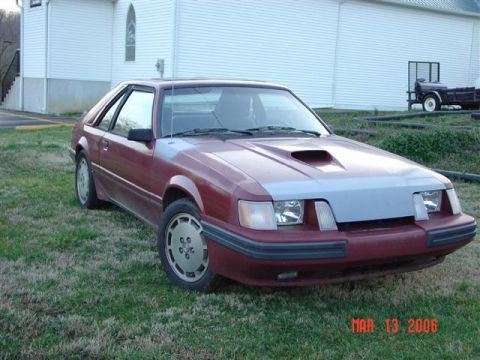 1984 Ford Mustang - This 1984 Ford Mustang hatchback features a distinctive grey hood and is captured in a three-quarter front view.