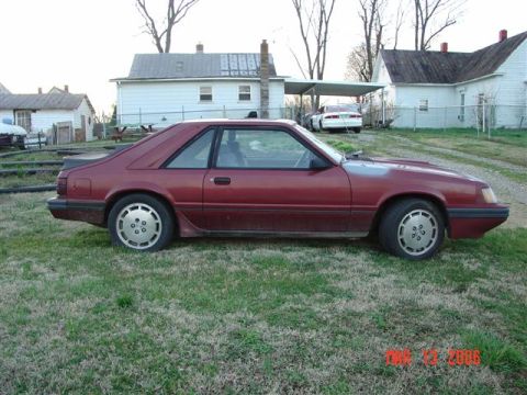 1984 Ford Mustang - A red 1984 Ford Mustang coupe is parked on a grassy lawn in front of houses.