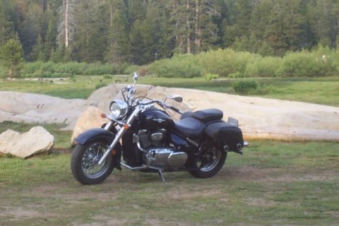 1994 Ford F-150 - A black cruiser motorcycle is parked in a grassy area with trees and large rocks behind it.