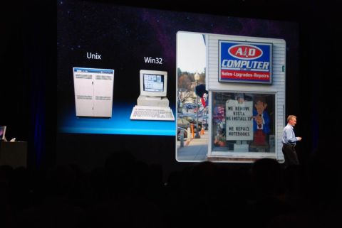 1996 Ford Bronco - A&D COMPUTER store sign is visible above a window with signs about removing Vista and installing XP.