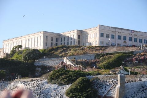 1996 Ford Bronco - The imposing structure of Alcatraz Island prison stands against a clear blue sky, surrounded by lush greenery and numerous seagulls.