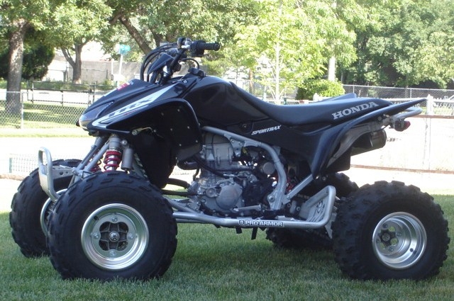 Black Honda Sportrax ATV with silver wheels and red suspension components, parked on grass