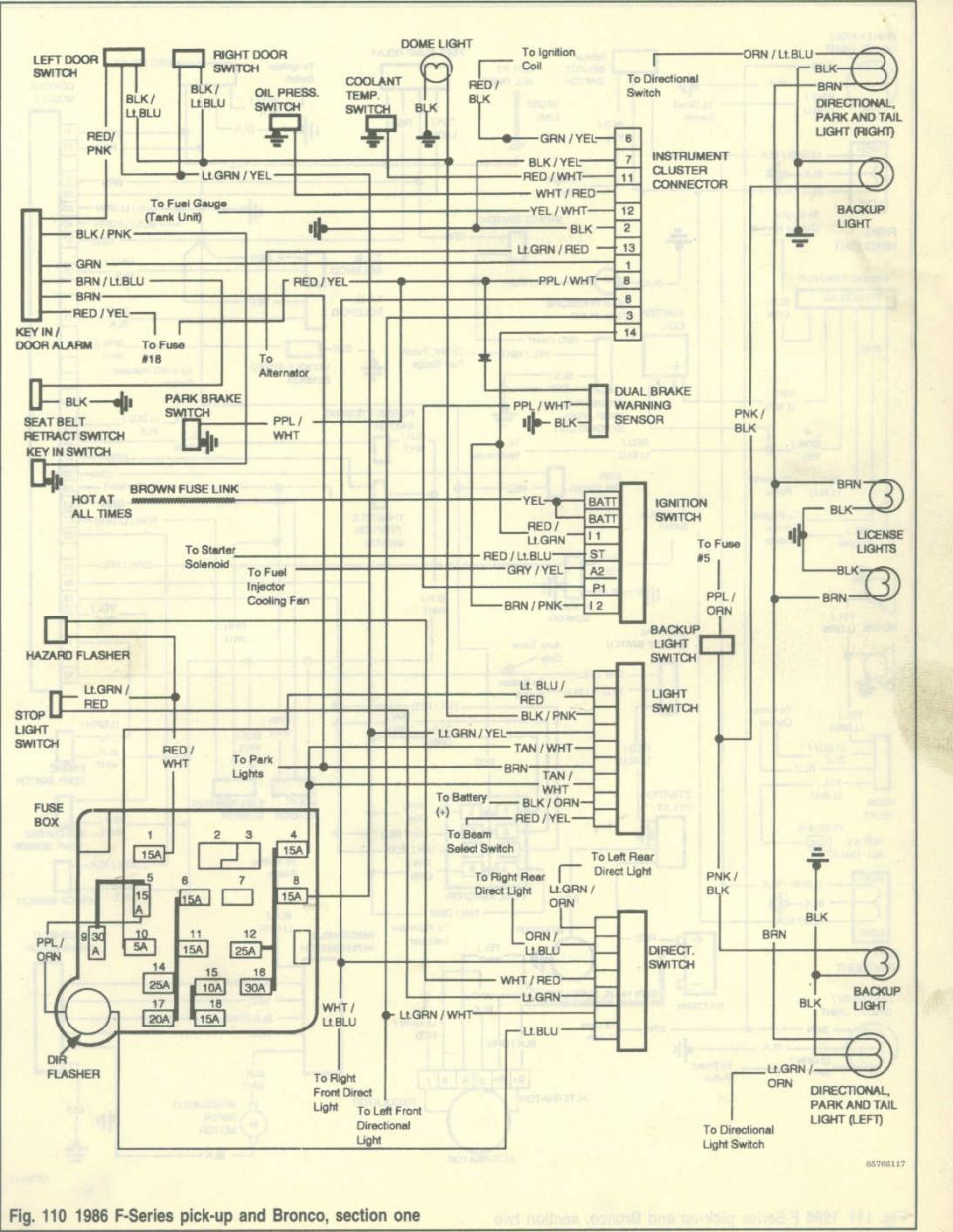 1986 Ford F-Series and Bronco wiring diagram, section one, with labeled switches and fuse box
