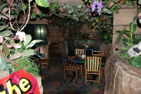 1996 Ford Bronco - A view of a restaurant's interior, decorated with lush greenery and stone walls, tables and chairs.