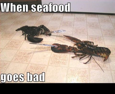 1988 Mercury Grand Marquis - This image depicts two lobsters on a tiled floor, each armed with a knife, with text overlay reading 'When seafood goes bad'.