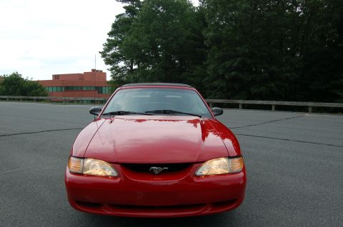 2001 Ford Crown Victoria - A red Ford Mustang is parked in an asphalt lot with trees and a building in the background.