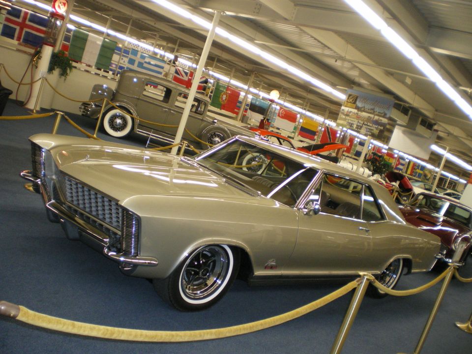 Silver Buick Riviera coupe front three-quarter at a museum