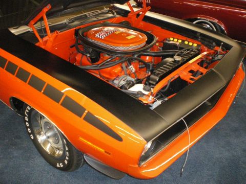 1998 Ford Crown Victoria - Engine bay of an orange muscle car with black graphics, chrome air cleaner and a Goodyear-tired wheel up front.