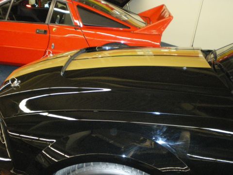 1998 Ford Crown Victoria - Close-up of a black sports car's cowl and fender with a gold stripe, an orange wedge-shaped car parked behind.
