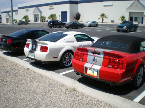 1998 Ford Crown Victoria - black Mustang, a silver Mustang and a red convertible with white racing stripes sit angled in a commercial parking lot.