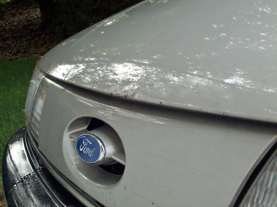 Gray Ford with blue oval emblem on front grille