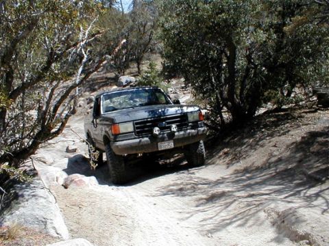 1990 Ford Bronco - This 1990 Ford Bronco navigates a challenging rocky trail surrounded by trees.