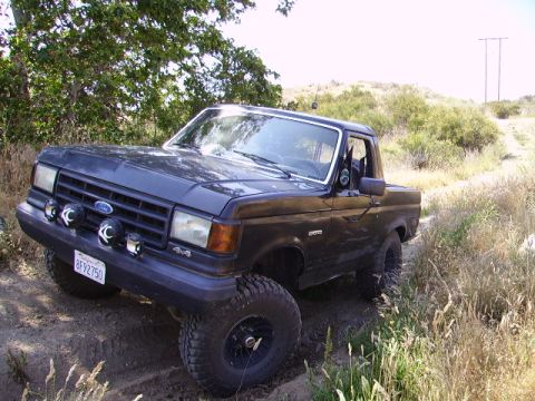 1990 Ford Bronco - A dark blue Ford Bronco with large off-road tires is parked on a dirt trail surrounded by dry grass and trees.