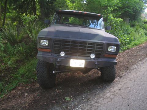 1979 Ford Bronco - This dark colored pickup truck features a custom bumper and large off-road tires, parked on the side of a road.