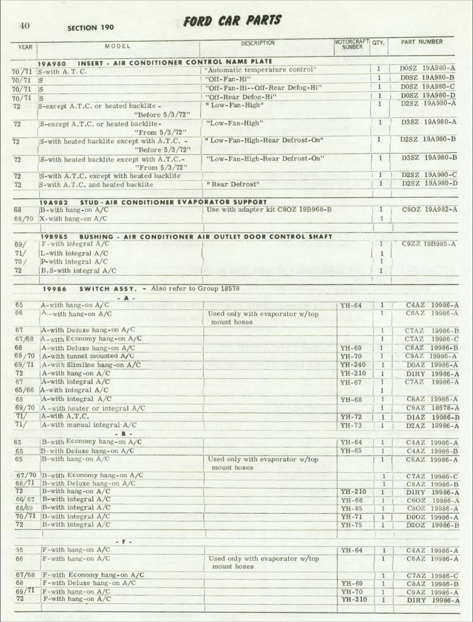 Ford car parts catalog page for air conditioner control parts