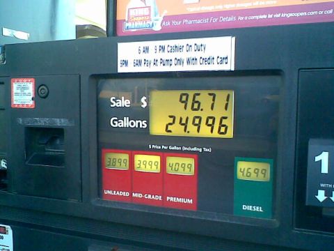 1986 Ford Bronco - A gas pump display shows the current sale amount, gallons dispensed, and prices for different fuel types.