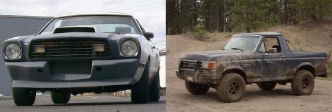 1978 Ford Mustang II - Mud-splattered dark blue Ford Bronco parked on a dirt road with trees in the background.