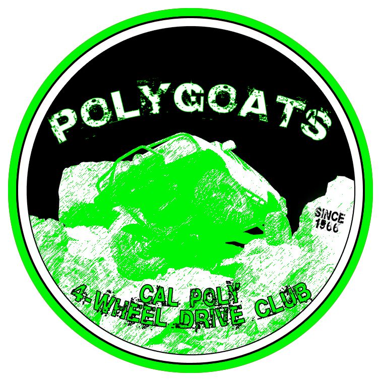 Circular sticker with green off-road vehicle, text 'POLYGOATS', 'CAL POLY 4-WHEEL DRIVE CLUB', and 'SINCE 1966'