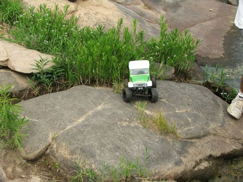1996 Ford Bronco - A remote control rock crawler truck is positioned on a large rock formation, surrounded by greenery.