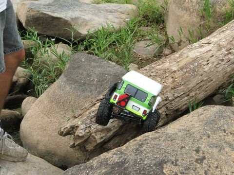 1996 Ford Bronco - A remote control rock crawler navigates a fallen log amidst rocks and greenery.