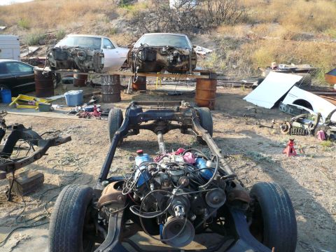 1975 Ford Ranchero - Multiple vehicles in various states of disassembly are scattered around a junkyard setting.