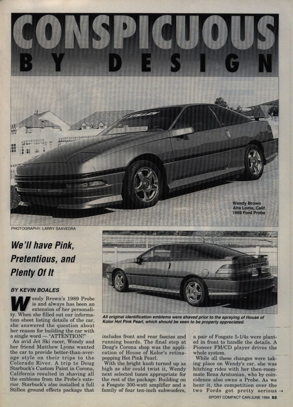 'Conspicuous by Design' article on Wendy Brown's Hot Pink Pearl 1989 Ford Probe with Stillen ground effects