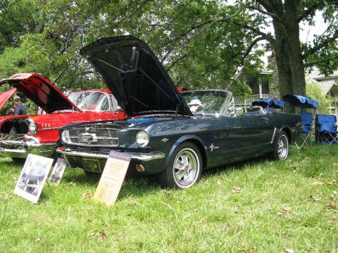 2003 Mercury Marauder - Two classic cars, a dark green Mustang convertible and a red sedan, displayed with hoods open at an outdoor event.