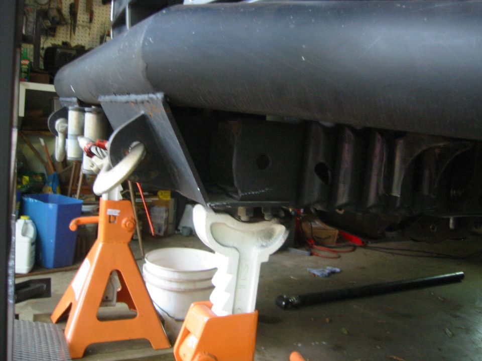 Fabricated bumper mount plate welded to a truck frame horn with the truck on jack stands